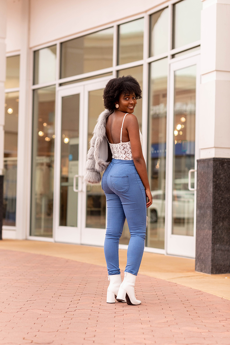 FAUX FUR COAT & A LACE BODYSUIT