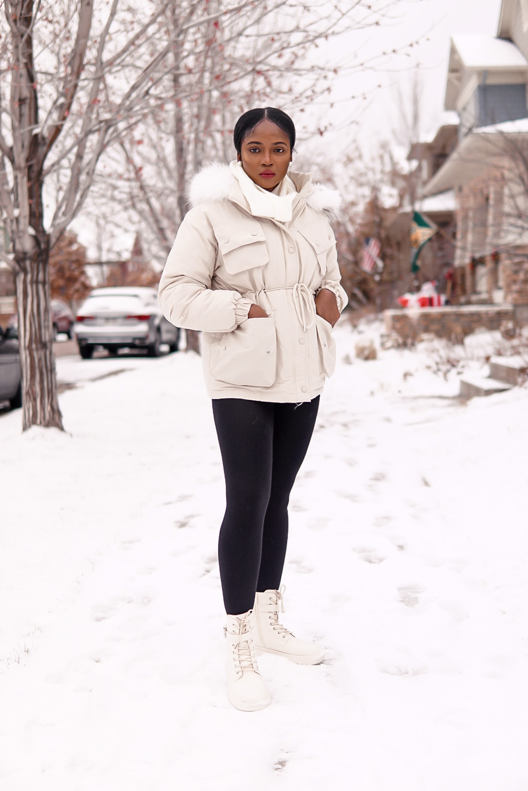 warm timeless women's winter coat and combat boots
