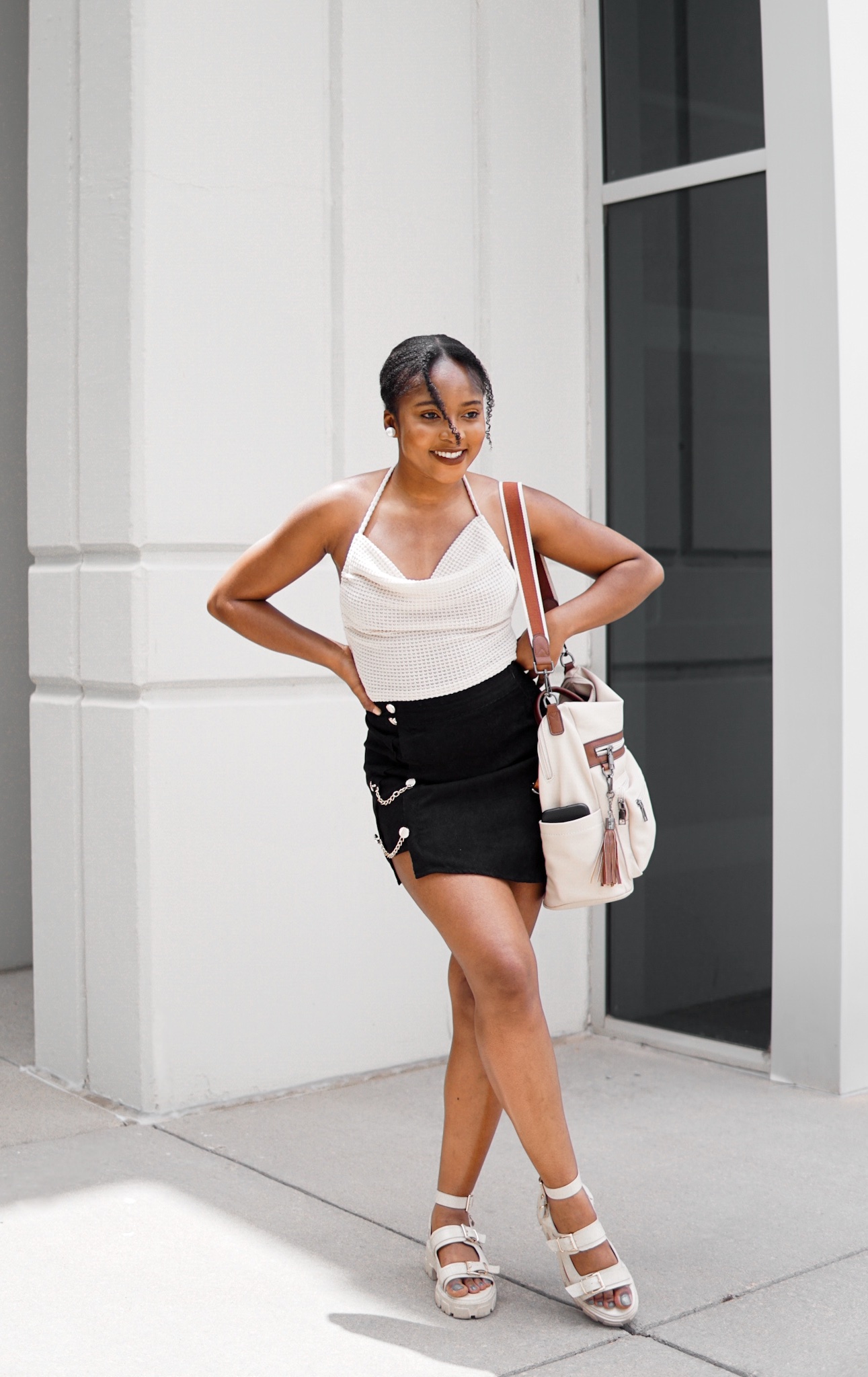 black woman summer cowl neck top black mini skirt