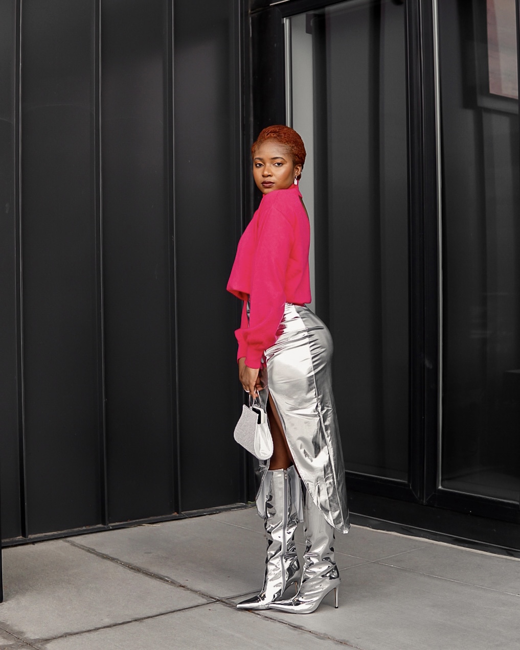 metallic skirt boots pink top stylish spring look